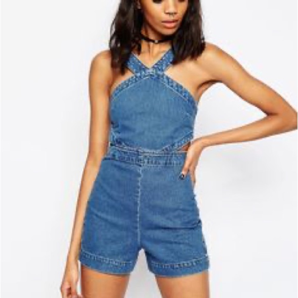 NWOT ASOS Denim Blue Side Cutout Cross Strap Romper Size 10
